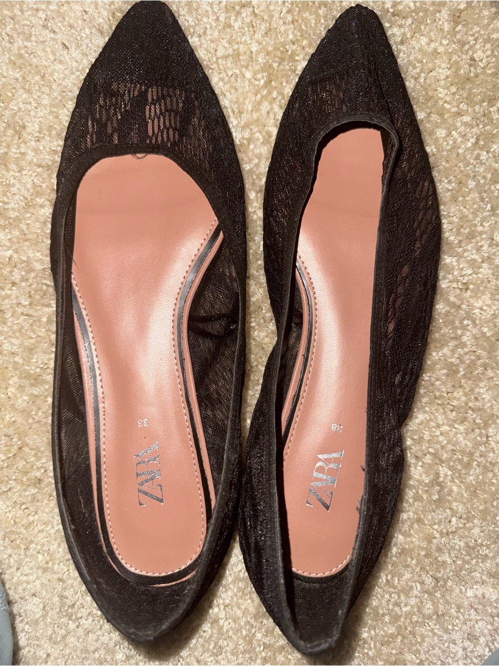 Zara Black Lace Pointed-Toe Flats with Blush Insole